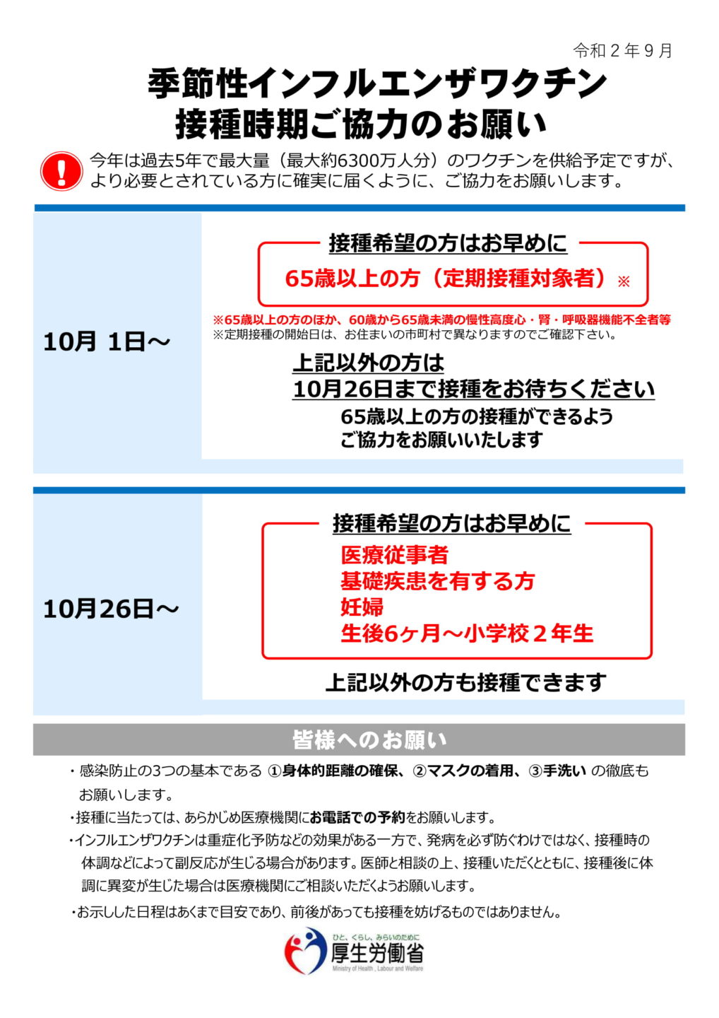 インフルエンザワクチン予防接種時期ご協力のお願い